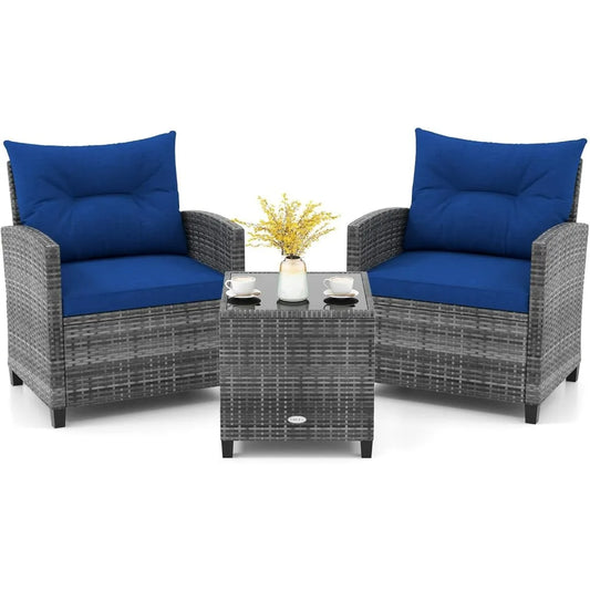 3-Piece PE Rattan Patio Set – Outdoor Conversation Chairs with Washable Cushions & Tempered Glass Tabletop