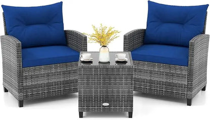 3-Piece PE Rattan Patio Set – Outdoor Conversation Chairs with Washable Cushions & Tempered Glass Tabletop
