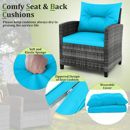 Outdoor Wicker Bistro Set – 2 Cushioned Chairs & Glass Table in Gray & Turquoise for Patio, Balcony & Poolside