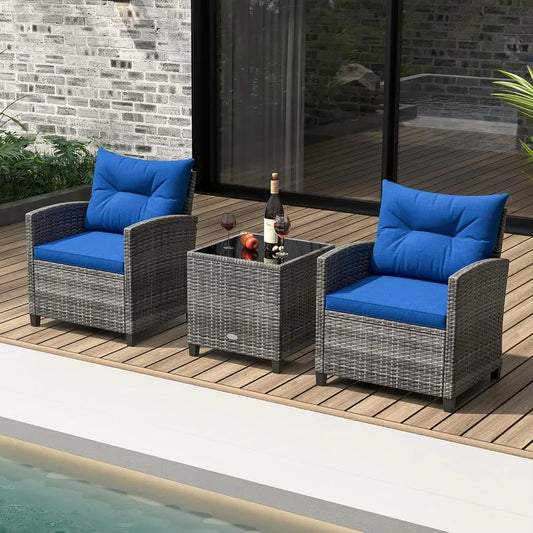 3-Piece PE Rattan Patio Set – Outdoor Conversation Chairs with Washable Cushions & Tempered Glass Tabletop