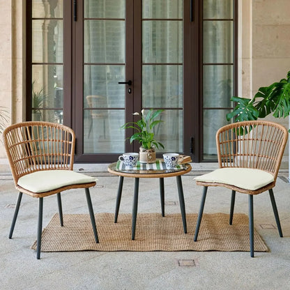 3-Piece Outdoor Wicker Bistro Set, 2 Rattan Chairs with Tempered Glass Table