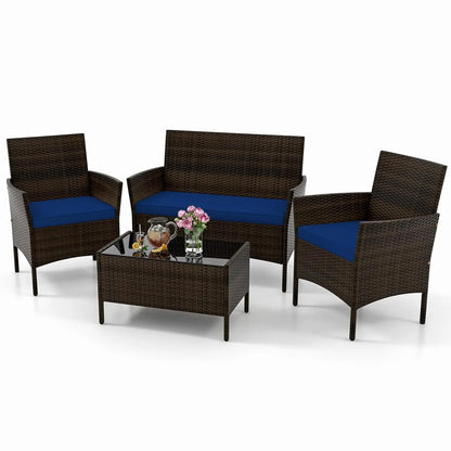 4-Piece Outdoor Rattan Patio Set – Conversation Set with Loveseat, Wicker Chairs & Tempered Glass Coffee Table
