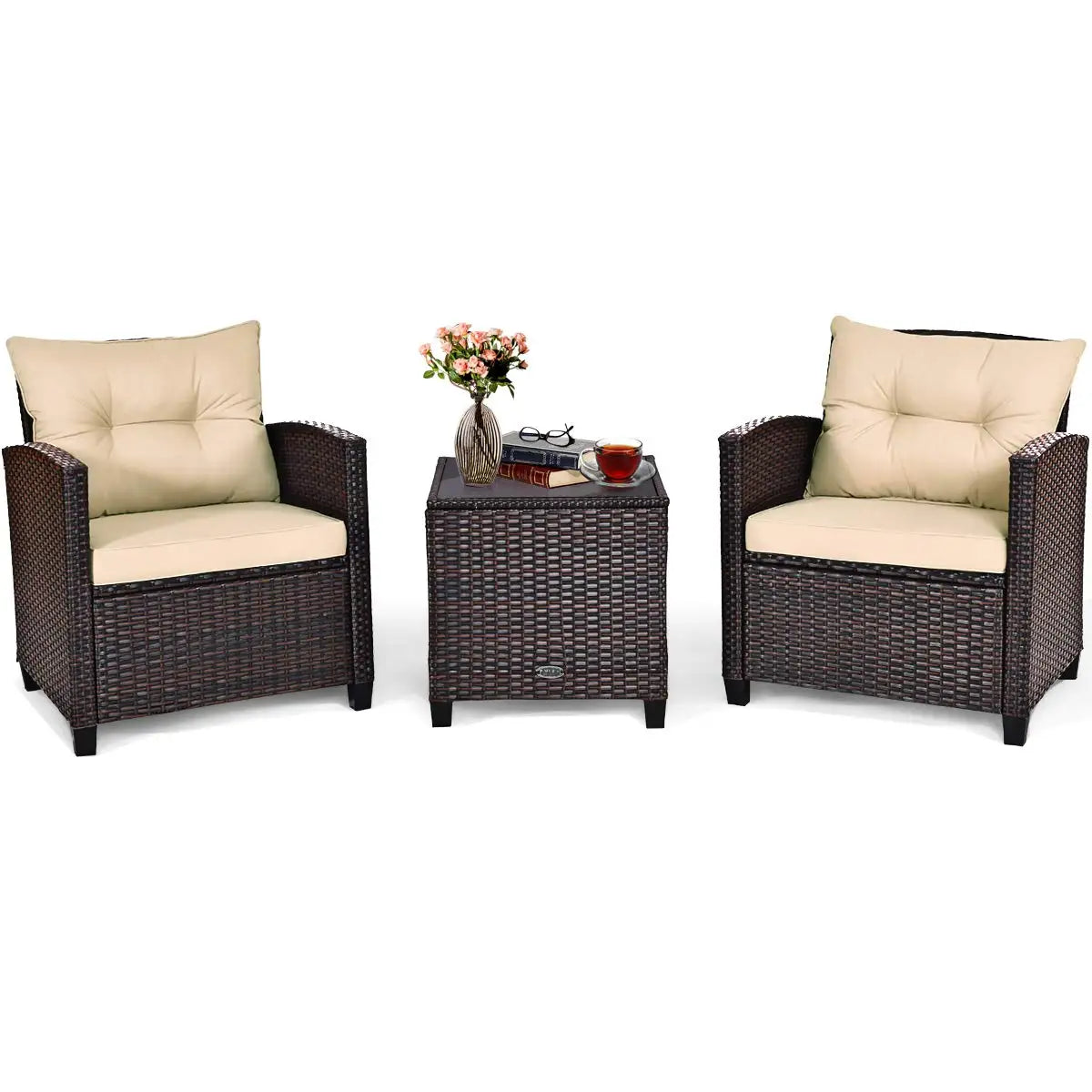 3-Piece Patio Furniture Set – PE Rattan Wicker Sofa Set with Washable Cushions & Tempered Glass Table