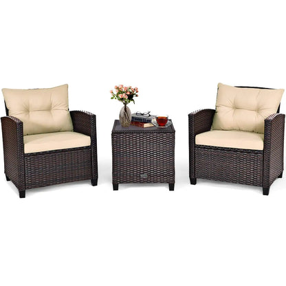 3-Piece Patio Furniture Set – PE Rattan Wicker Sofa Set with Washable Cushions & Tempered Glass Table