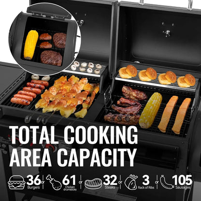 2-Burner Gas & Charcoal Grill Combo with Offset Smoker and Side Burner, 34,000 BTU, 1020 Sq. In. Cooking Area