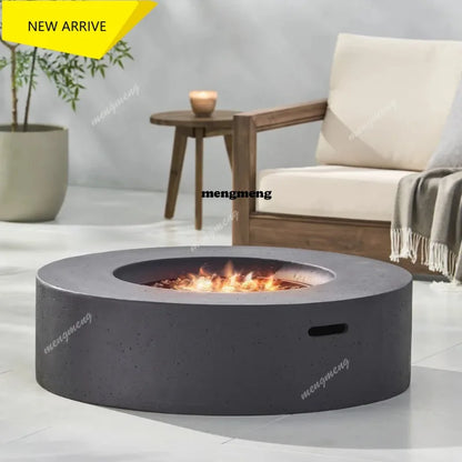 M138 Round Outdoor Concrete Propane Fire Pit-Modern Light Grey for Patio- Garden and Backyard. No Assembly Needed for Camping