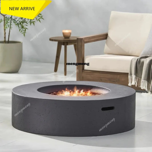 M138 Round Outdoor Concrete Propane Fire Pit-Modern Light Grey for Patio- Garden and Backyard. No Assembly Needed for Camping