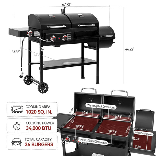 2-Burner Gas & Charcoal Combo Grill with Offset Smoker, Side Burner & 1020 Sq. In. Cooking Area