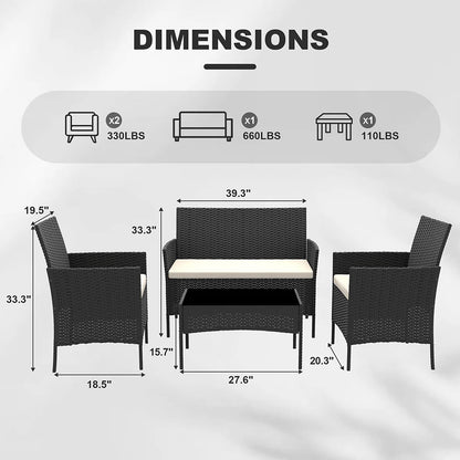 4-Piece PE Rattan Patio Set, 3 Armchairs with Glass-Top Table & Cushions, Outdoor Furniture for Garden & Balcony