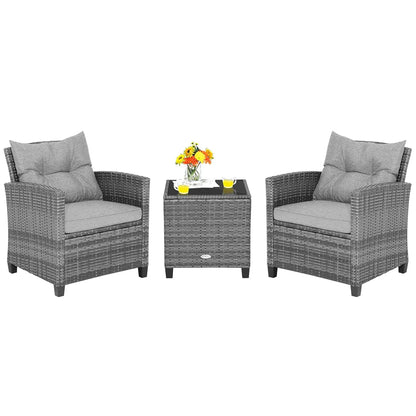 3-Piece Patio Furniture Set – PE Rattan Wicker Sofa Set with Washable Cushions & Tempered Glass Table