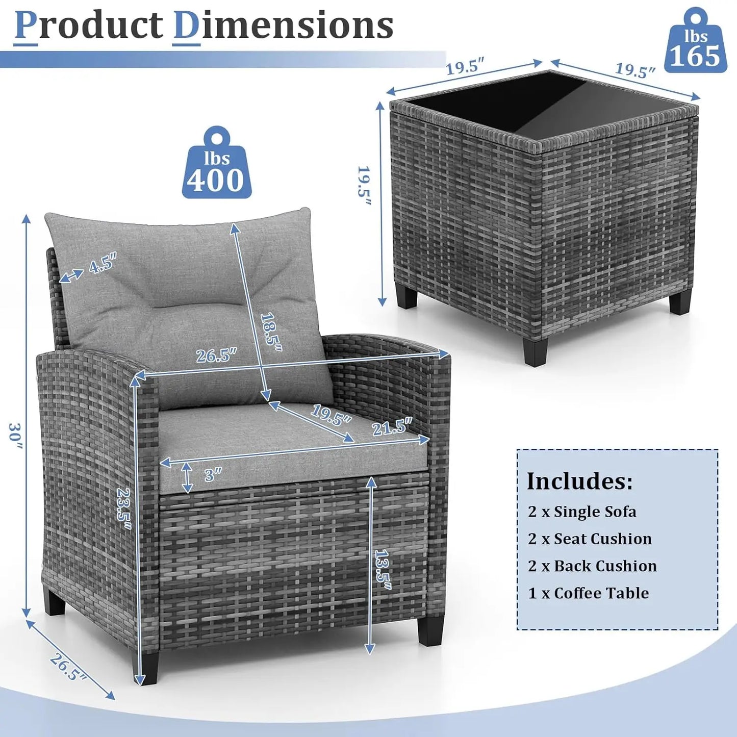 3-Piece Patio Rattan Conversation Set with Washable Cushions & Glass Table