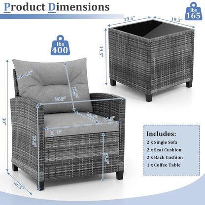 3-Piece Patio Rattan Conversation Set with Washable Cushions & Glass Table