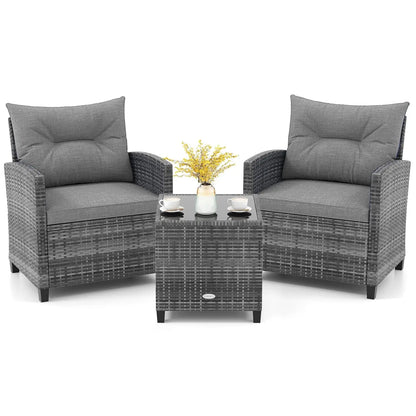 3-Piece Patio Rattan Conversation Set with Washable Cushions & Glass Table