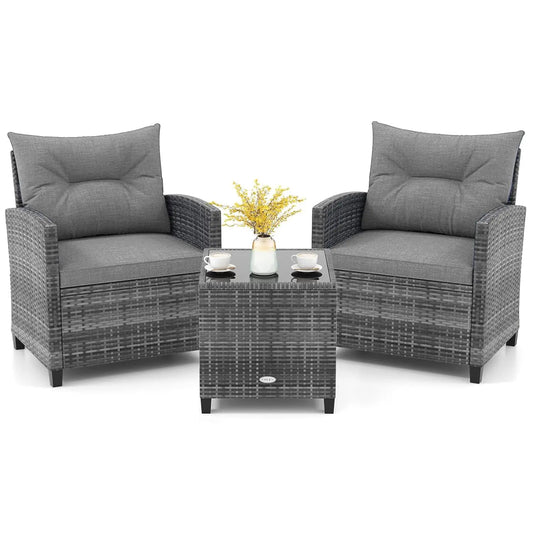 3-Piece Patio Rattan Conversation Set with Washable Cushions & Glass Table