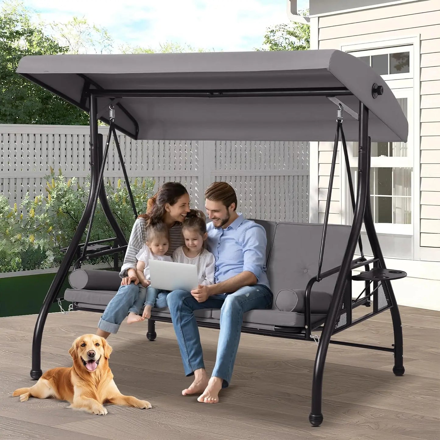 3-Seat Outdoor Patio Porch Swing Glider Bench, Adjustable Canopy, Heavy-Duty Frame with Stand, Customizable Design