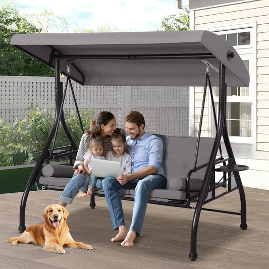 3-Seat Outdoor Patio Porch Swing Glider Bench, Adjustable Canopy, Heavy-Duty Frame with Stand, Customizable Design