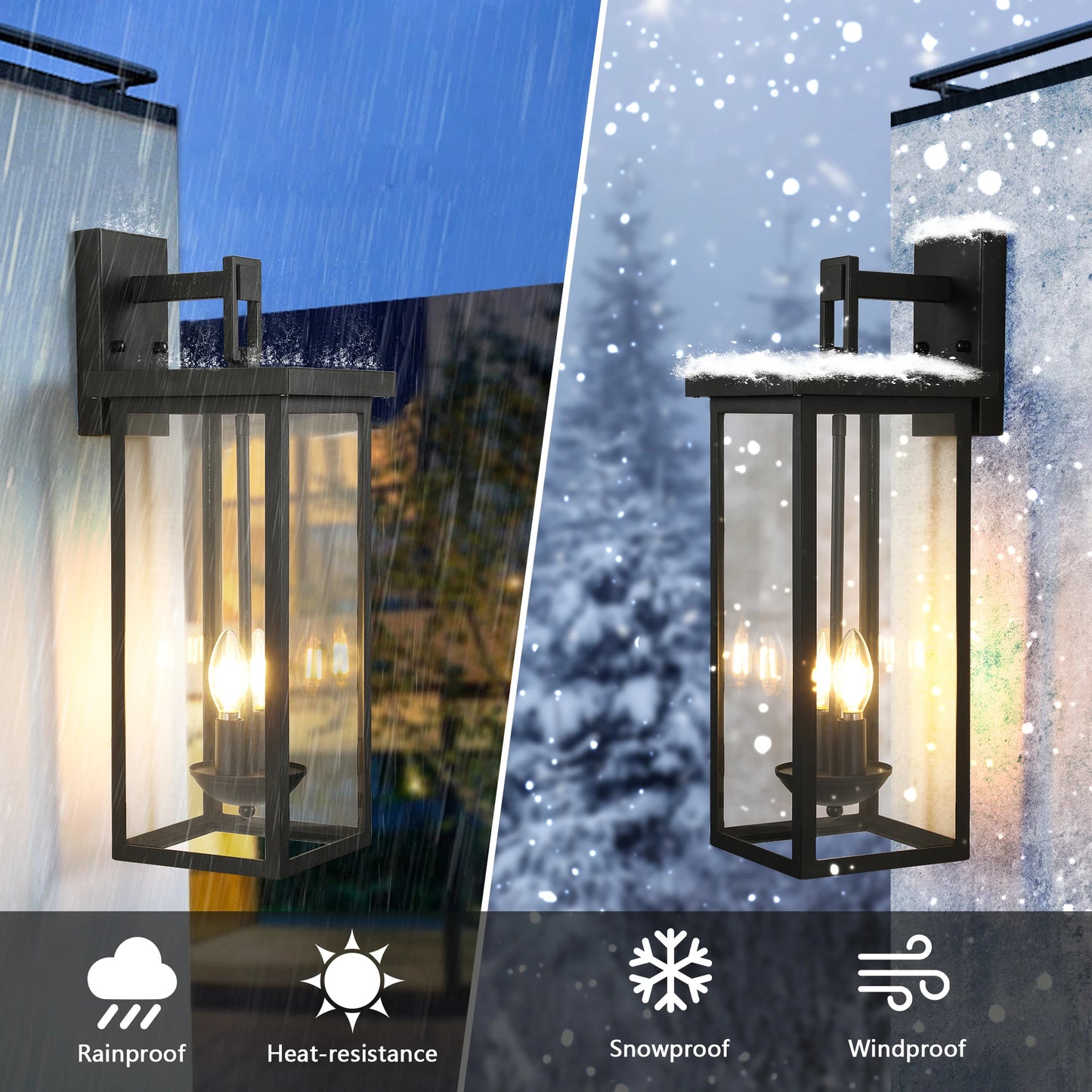 22" Outdoor Wall Lantern – Dusk-to-Dawn Sensor, Matte Black with Clear Glass Panels
