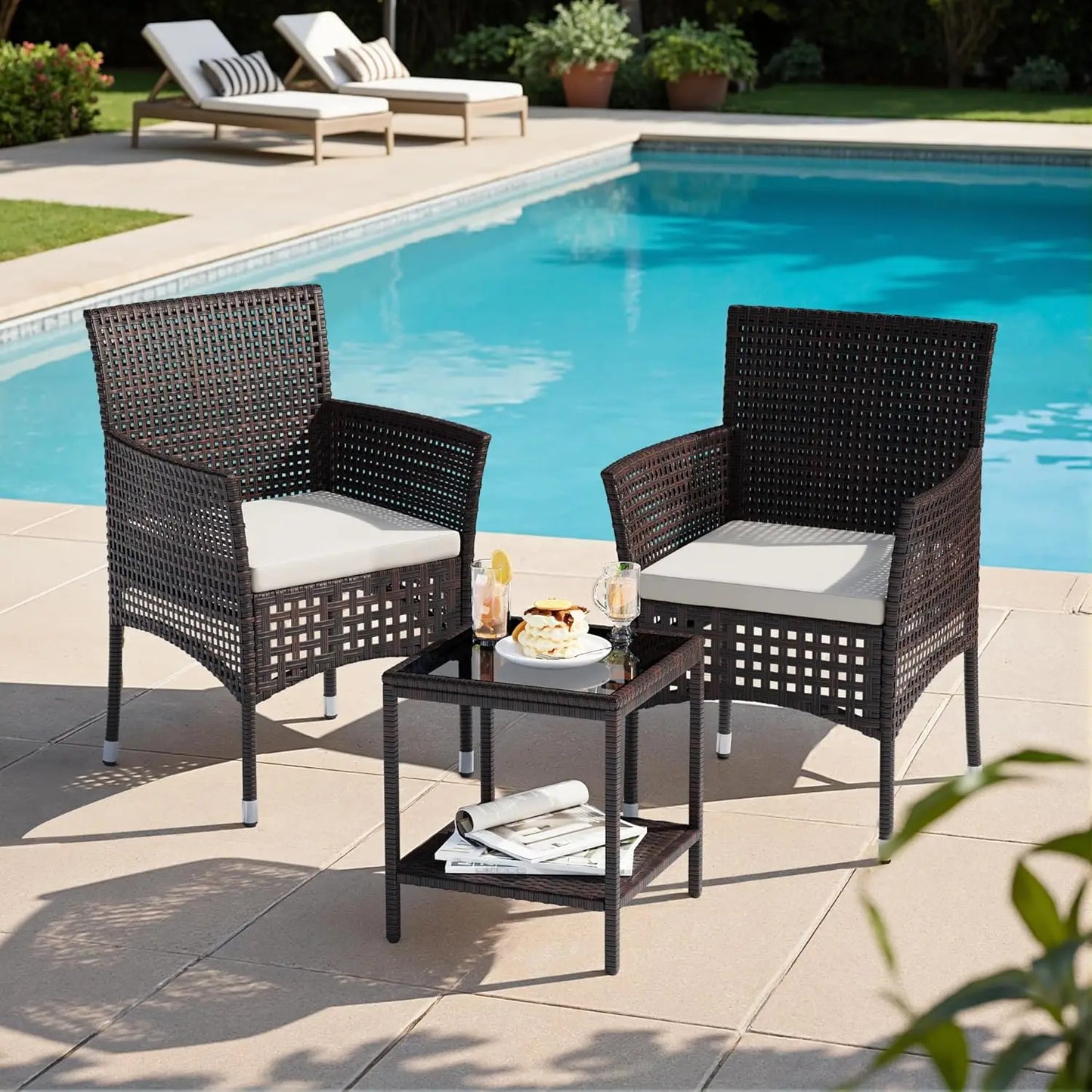 3-Piece Outdoor Patio Furniture Set, Brown/Grey, Wicker Chairs with Glass-Top Coffee Table, for Garden, Balcony & Porch