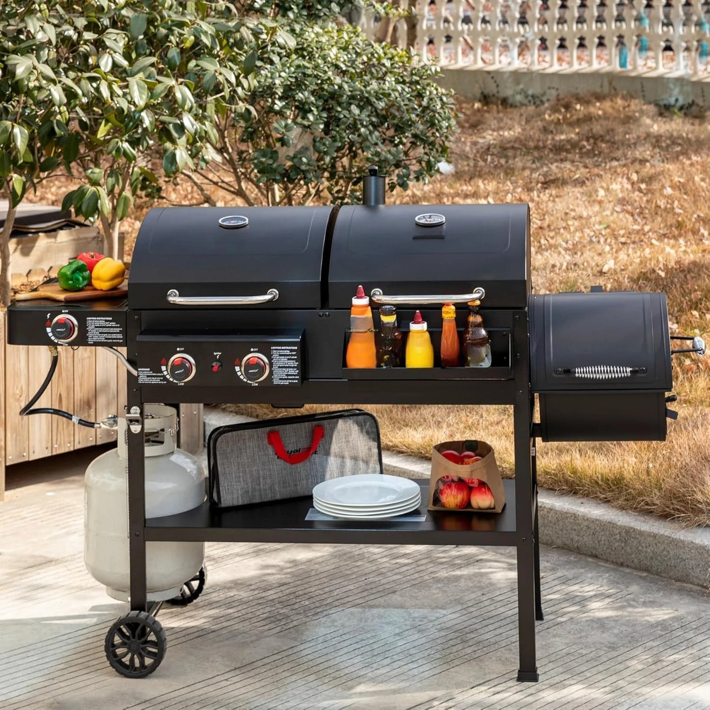 2-Burner Gas & Charcoal Grill Combo with Offset Smoker and Side Burner, 34,000 BTU, 1020 Sq. In. Cooking Area