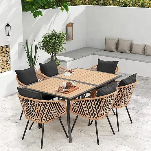 All-Weather Rattan Patio Dining Set with 60" Wood Tabletop, Cushions & Umbrella Hole (5/7/9-Piece)