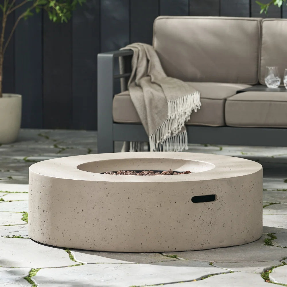 M138 Round Outdoor Concrete Propane Fire Pit-Modern Light Grey for Patio- Garden and Backyard. No Assembly Needed for Camping