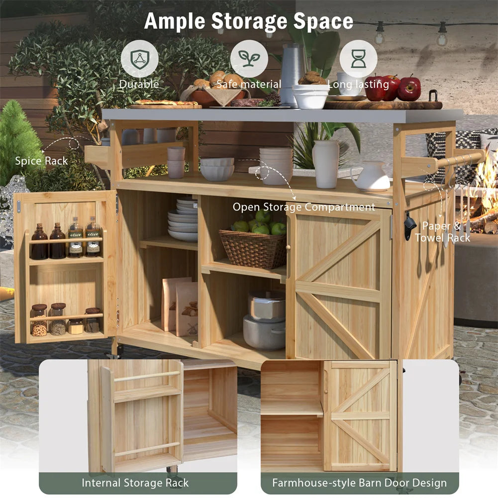 Portable Bar Tables- Outdoor Grill Prep Table with Storage- Tabletop Spice Rack- Internal Storage Racks- 4 Locking Mobile Wheels