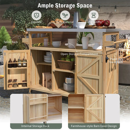 Portable Bar Tables- Outdoor Grill Prep Table with Storage- Tabletop Spice Rack- Internal Storage Racks- 4 Locking Mobile Wheels