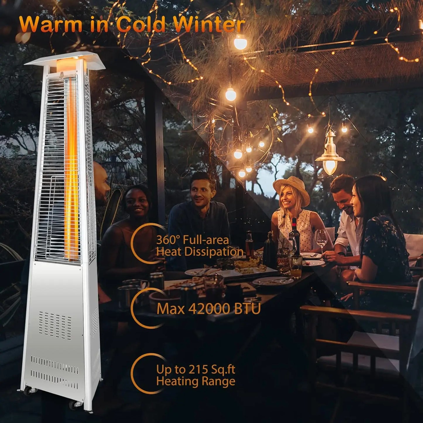 42,000 BTU Outdoor Propane Heater with Tip-Over Protection, Quartz Glass Tube, Wheels for Patio Heating