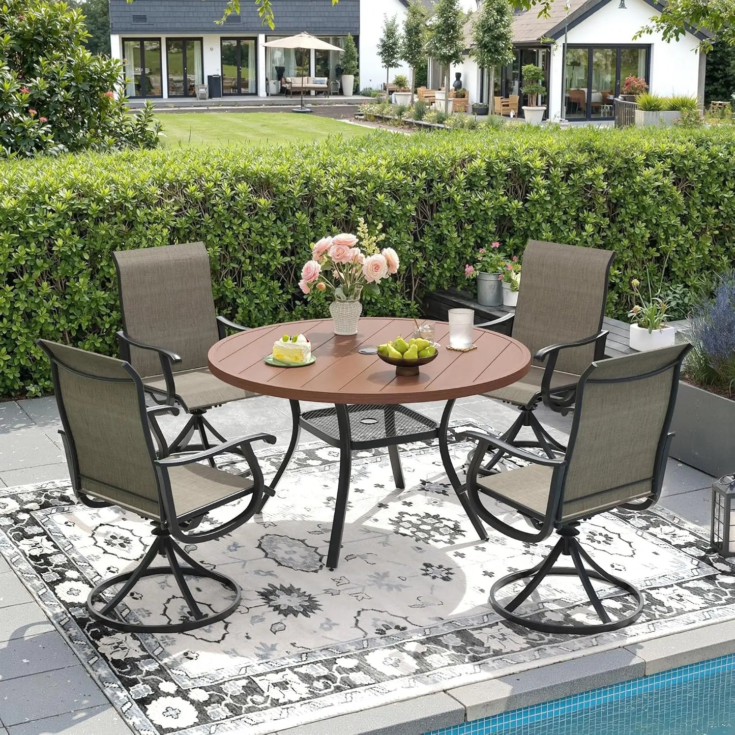 5-Piece Outdoor Dining Set with Textilene Swivel Chairs & 40.6" Round Metal Table