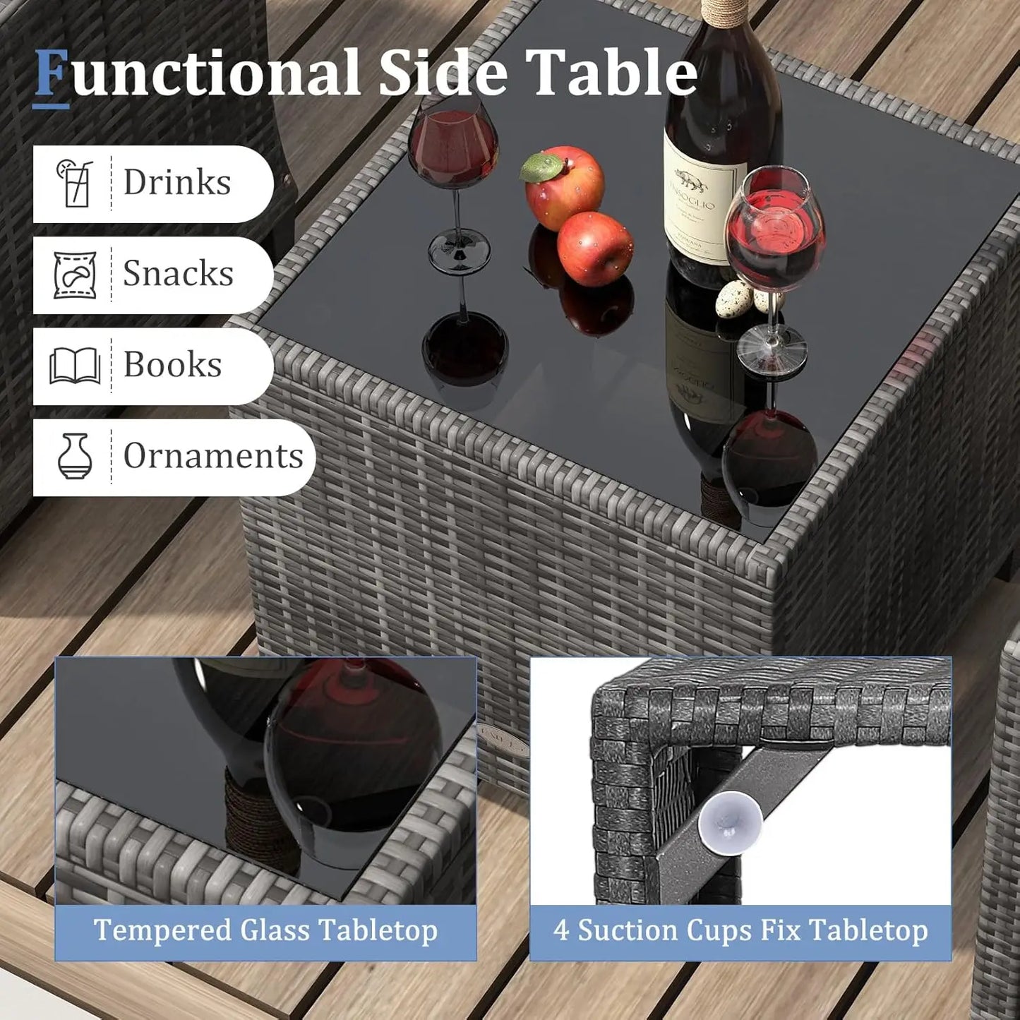 3-Piece Patio Rattan Conversation Set with Washable Cushions & Glass Table