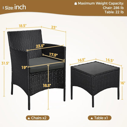 3-Piece Outdoor Patio Furniture Set, PE Rattan Wicker Conversation Set with Soft Cushions & Glass Coffee Table