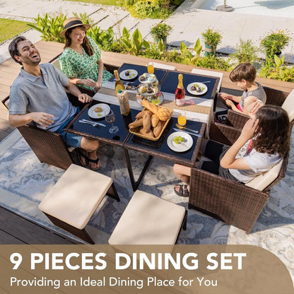 9-Piece Outdoor Rattan Patio Dining Set with Space-Saving Chairs, Glass Table & Cushions
