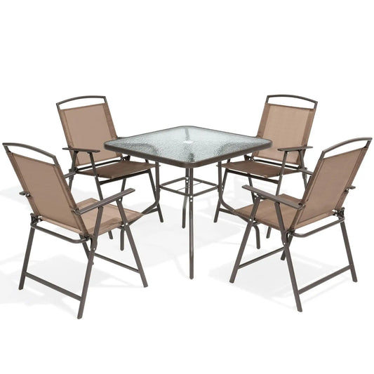 5-Piece Outdoor Dining Set, Patio Table & 4 Folding Chairs, Metal Furniture Set
