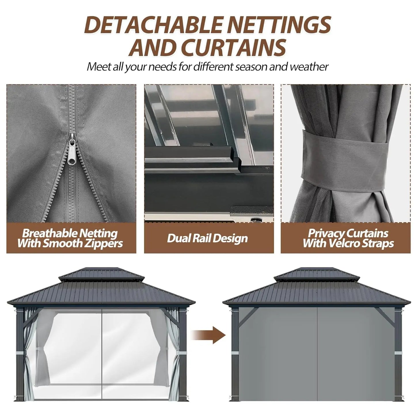 10 X 12ft Hardtop Gazebo, Galvanized Steel Double Roof Gazebo with Nettings and Curtains, Outdoor Aluminum, Customization Available to Your Liking.