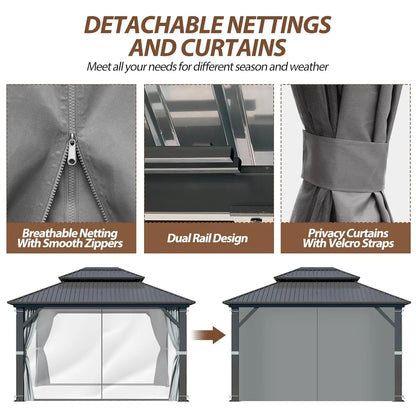 10 X 12ft Hardtop Gazebo, Galvanized Steel Double Roof Gazebo with Nettings and Curtains, Outdoor Aluminum, Customization Available to Your Liking.