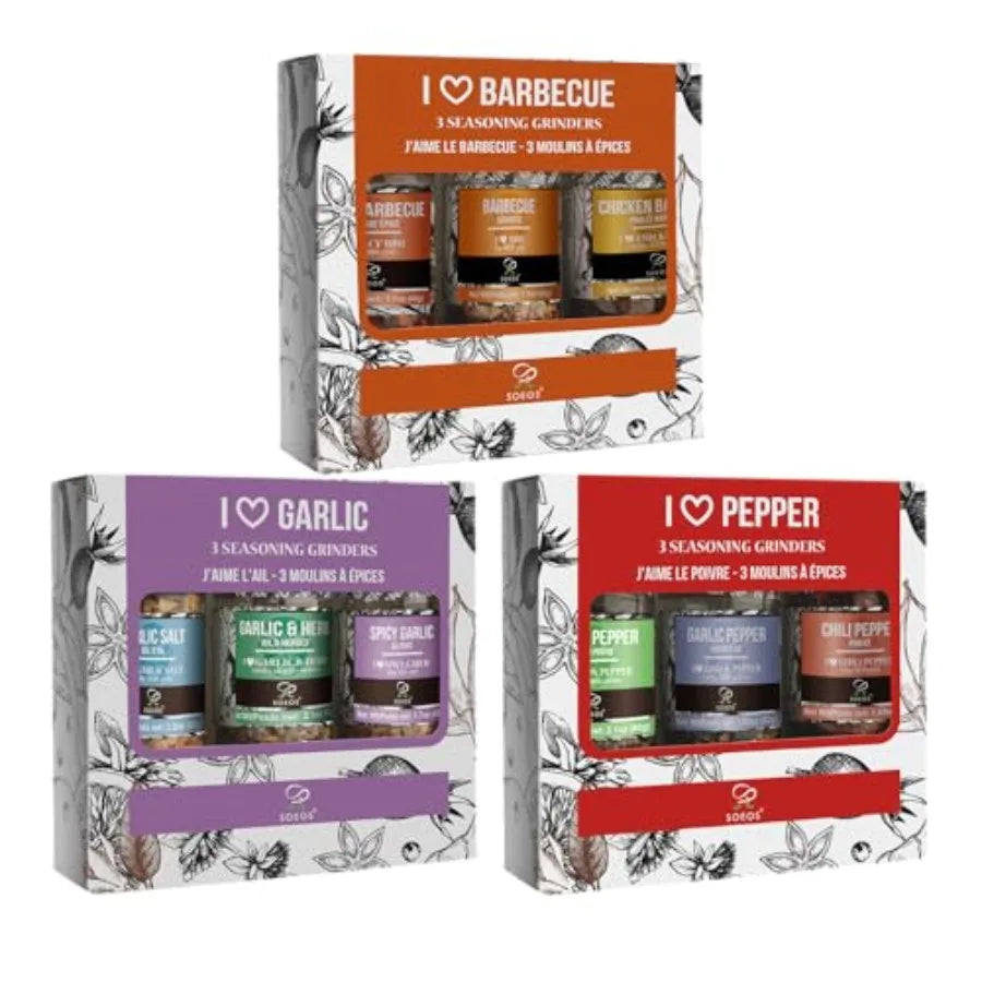 Spice Seasoning Set of 9 with Integrated Grinders- Individual Spice Grinder Pure and Fresh Perfect for BBQ Seasoning Gift Set