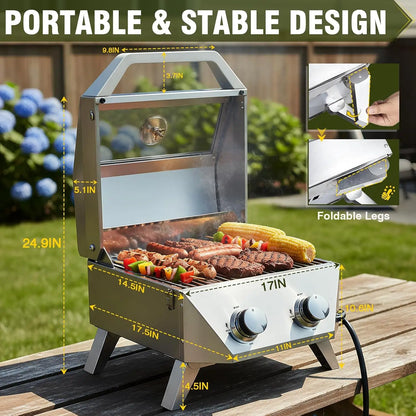 20000 BTU 2-Burner Tabletop Gas Grill – Stainless Steel Grill with Glass Lid, Portable Outdoor Cooking Grill