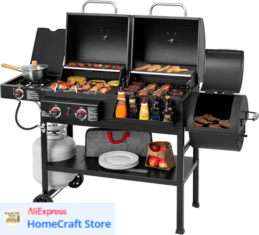 2-Burner Gas & Charcoal Grill Combo with Offset Smoker and Side Burner, 34,000 BTU, 1020 Sq. In. Cooking Area