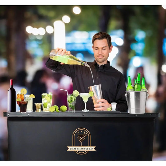 Portable Outdoor Bar Station with Folding Counter and Black Skirt - Travel Table Set for Bartending