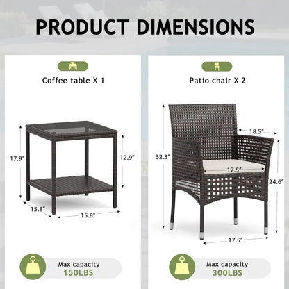 3-Piece Outdoor Patio Furniture Set, Brown/Grey, Wicker Chairs with Glass-Top Coffee Table, for Garden, Balcony & Porch