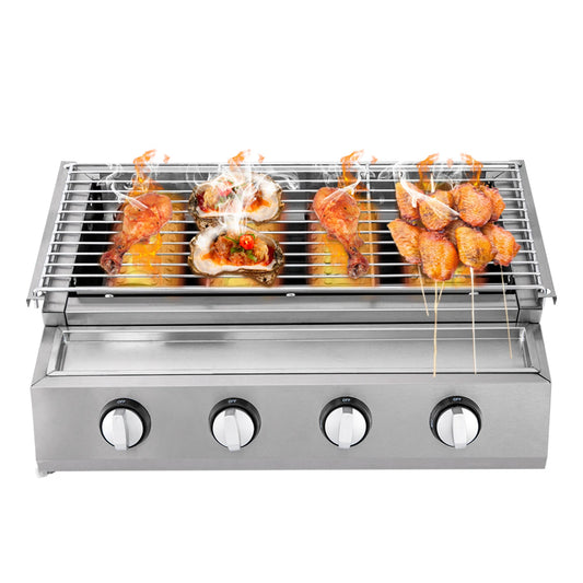 Stainless Steel Smokeless Barbecue Grill, 4 Burners, Outdoor Grill, Portable BBQ LPG Gas Removable Grill for Patio Garden.