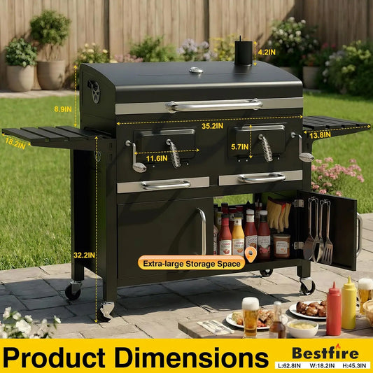 63" Charcoal BBQ Grill & Smoker with Dual Lifting Charcoal Trays