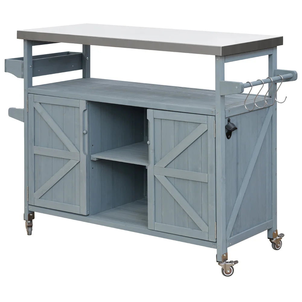 Portable Bar Tables- Outdoor Grill Prep Table with Storage- Tabletop Spice Rack- Internal Storage Racks- 4 Locking Mobile Wheels
