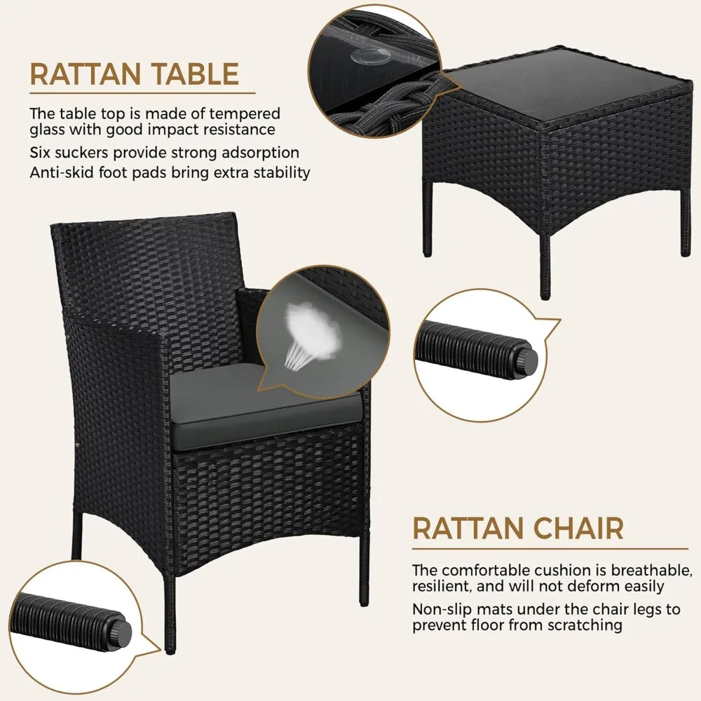 3-Piece Outdoor Patio Furniture Set, PE Rattan Wicker Conversation Set with Soft Cushions & Glass Coffee Table
