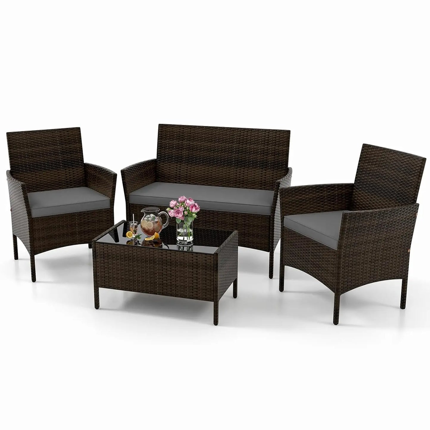 4-Piece Outdoor Rattan Patio Set – Conversation Set with Loveseat, Wicker Chairs & Tempered Glass Coffee Table
