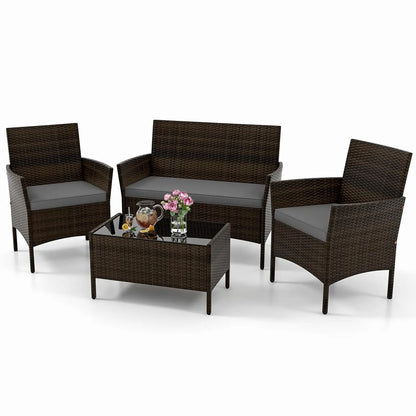 4-Piece Outdoor Rattan Patio Set – Conversation Set with Loveseat, Wicker Chairs & Tempered Glass Coffee Table