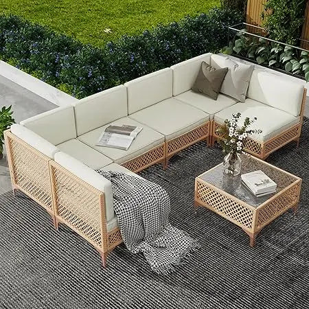Outdoor Wicker Patio Furniture Set, Boho Sectional Conversation Sofa with Large Tempered Glass Coffee Table