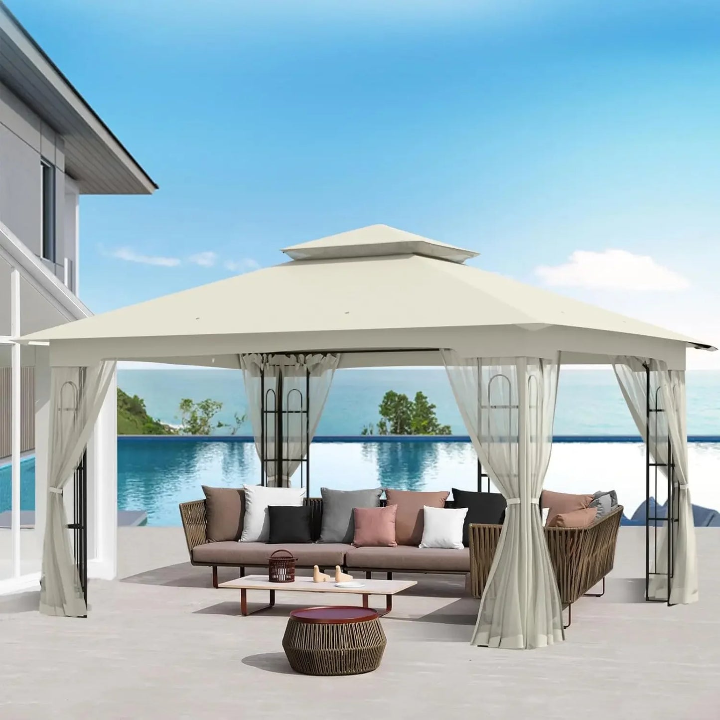 10' x 12' Outdoor Soft-Top Gazebo with Double Roof, Netting & All-Weather Design