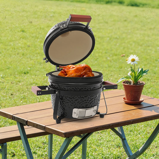 13" Ceramic Charcoal Grill & Smoker with Round Design for Outdoor Cooking