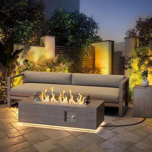 2-Piece Outdoor Propane Fire Pit Table Set w/ Tank, Table 42'' Rectangular Firepit, Gas Fire Pits for Outside Patio Table Fire Pit